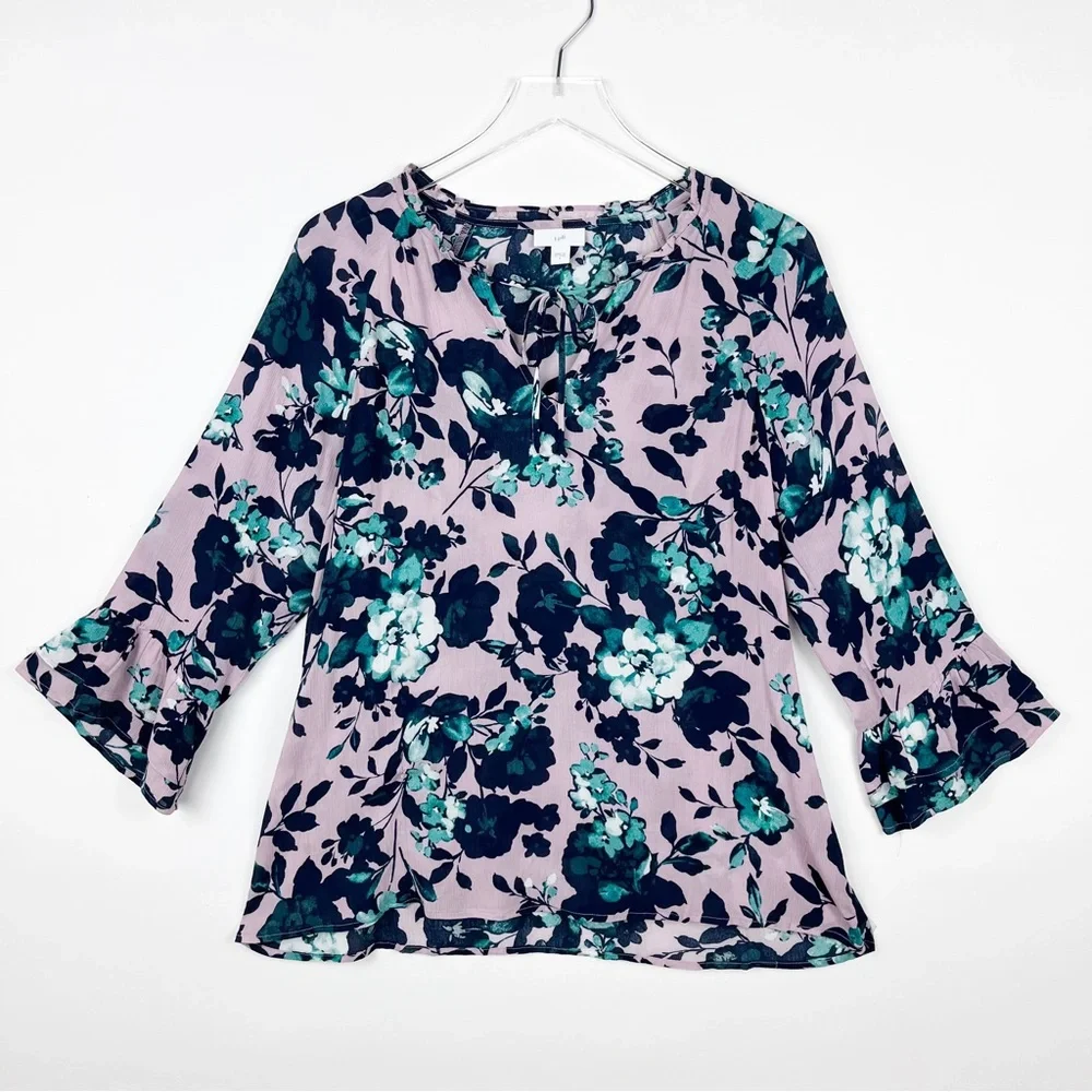 J. Jill Mauve Floral V Neck Rayon Beautiful Blooms Blouse Top